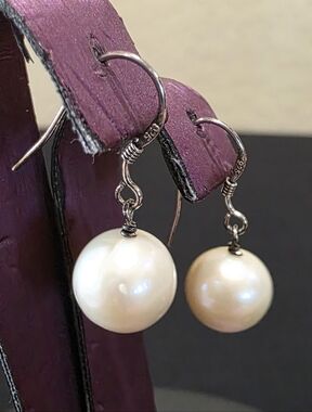 Sterling Silver Saltwater 10 mm Natural Pearl Ear Bob Dangle Pierced Earrings Be